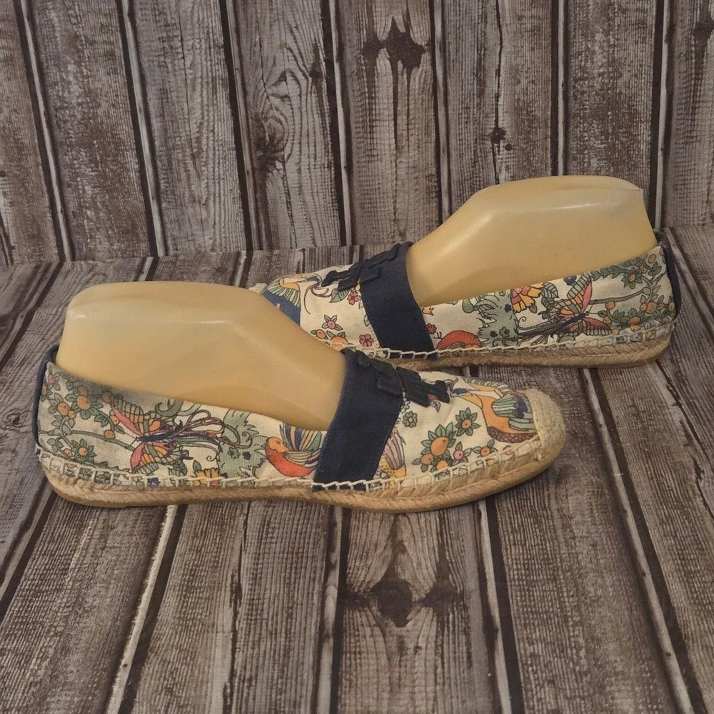 Sz 7.5 Womens Tory Burch Weston Espadrille Blue Bird Floral Print Canvas Shoes - Picture 5 of 7